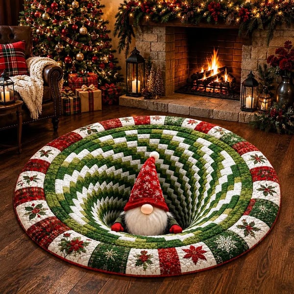 🎄 Alfombra redonda con ilusión óptica 3D de gnomo navideño | Divertido y festivo, ¡un imprescindible para la decoración del hogar! ⭐🏠🎁