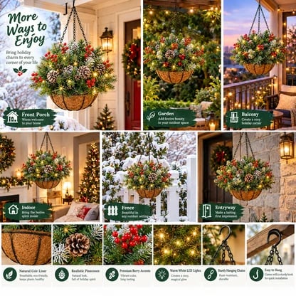 🎄Christmas Hot Sale🔥 Pre-Lit Christmas Hanging Basket | Warm LED Evergreen Décor for Porches, Doors & Entryways ✨