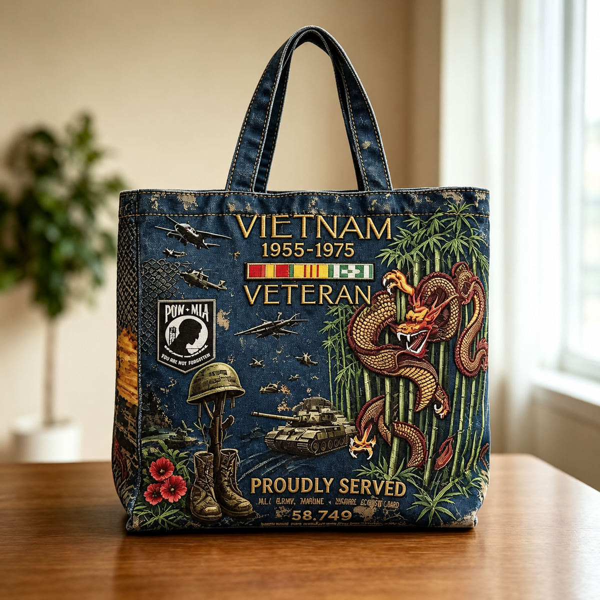 🌹Vietnam Veteran Canvas Tote Bag – Embroidered Tribute Gift