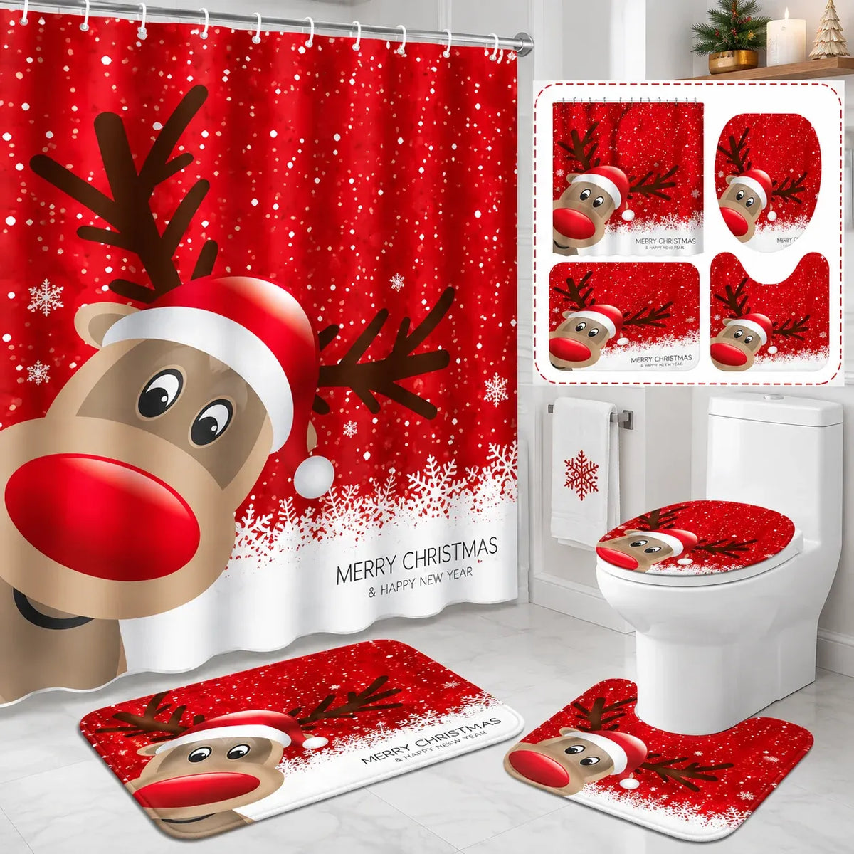 🔥😍🎄🛁 Christmas Bathroom Makeover Set – 4 Matching Pieces for Instant Holiday Cheer