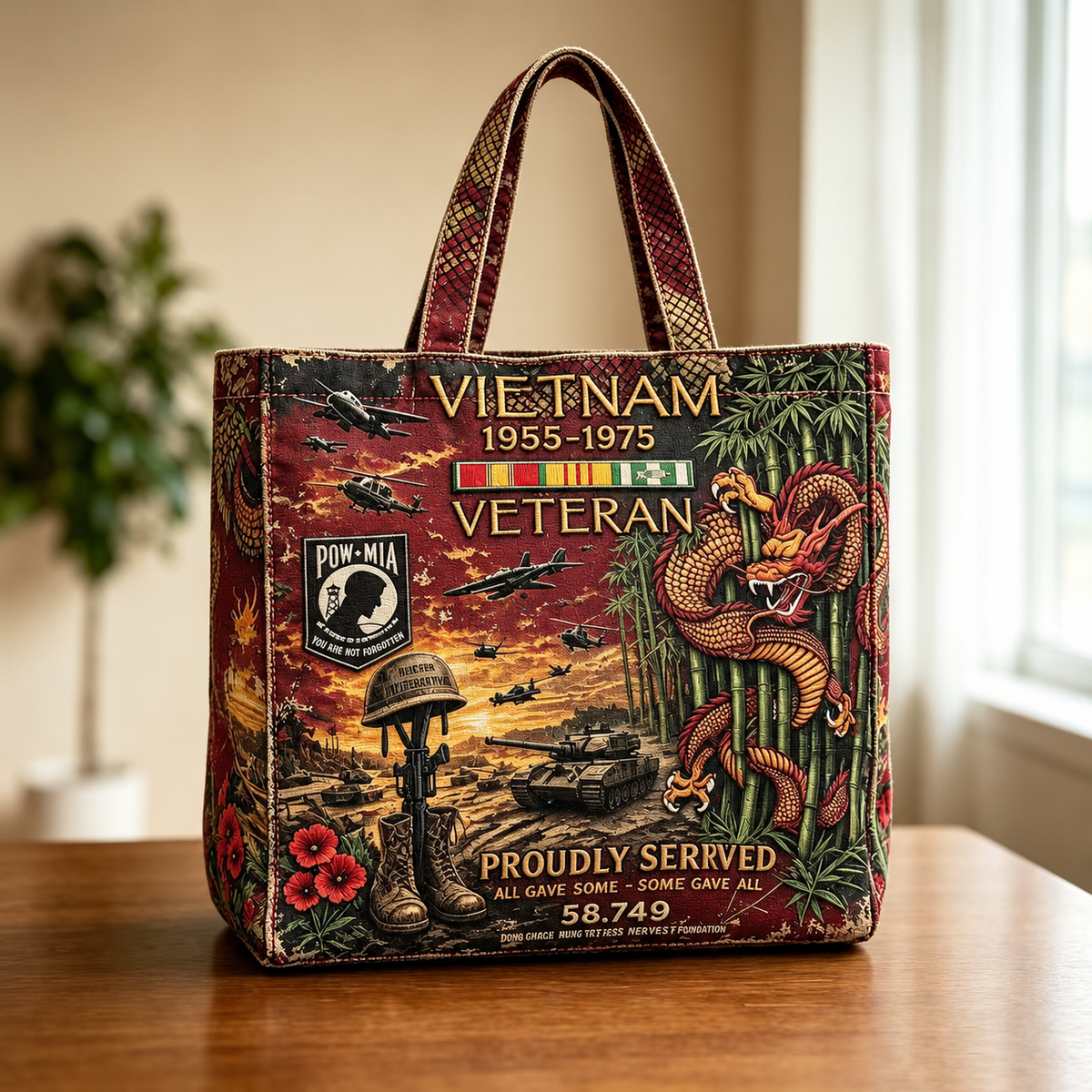 🌹Vietnam Veteran Canvas Tote Bag – Embroidered Tribute Gift
