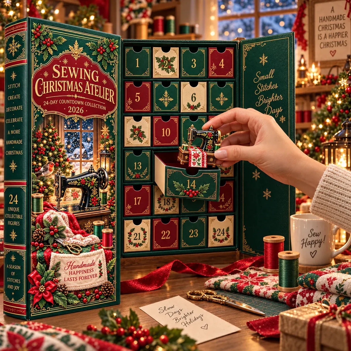 🎄 2026 Sewing Advent Calendar – 24 Days of Mini Sewing Treasures in a Vintage Book Display Box