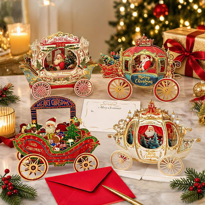 🎄3D Pop Up Christmas Carriage Greeting Card 🎠 Freestanding Gold Foil Festive Keepsake Ornament with Envelope