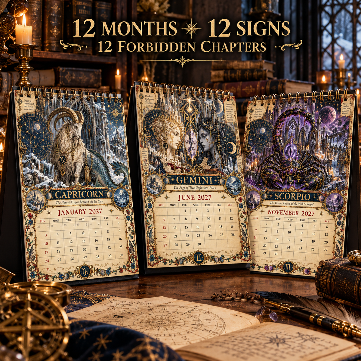 2027 Zodiac Grimoire Calendar| 12 Signs, 12 Forbidden Chapters