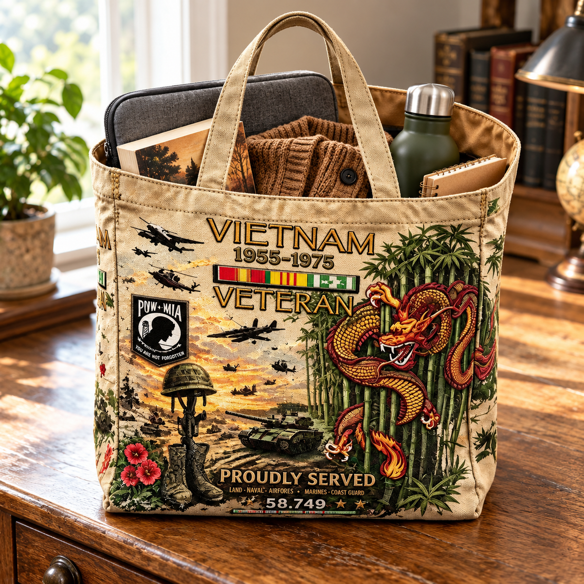 🌹Vietnam Veteran Canvas Tote Bag – Embroidered Tribute Gift
