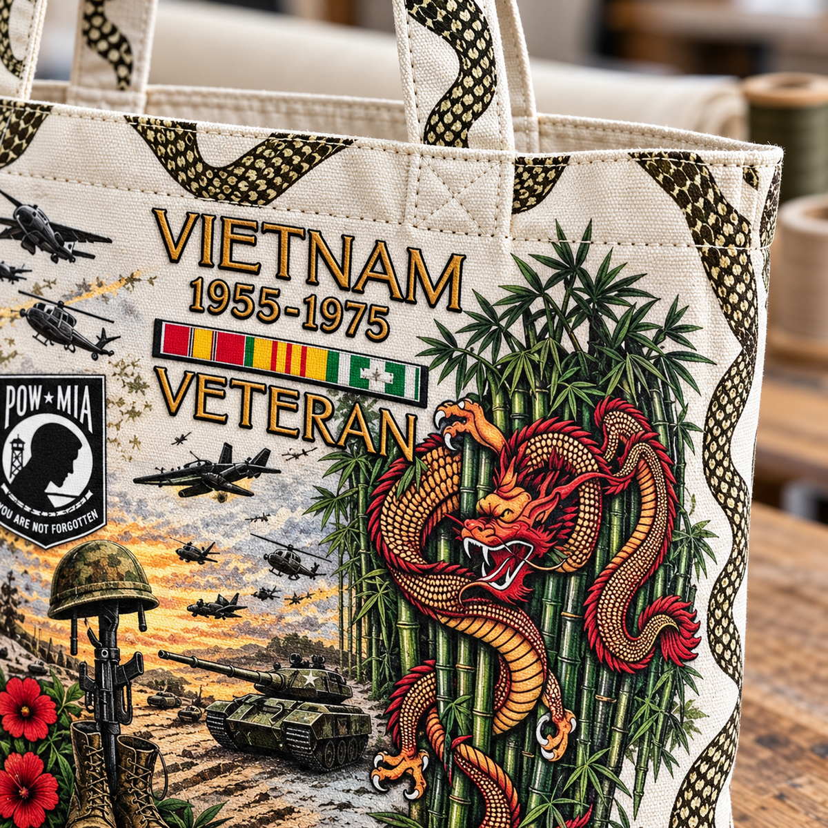 🌹Vietnam Veteran Canvas Tote Bag – Embroidered Tribute Gift