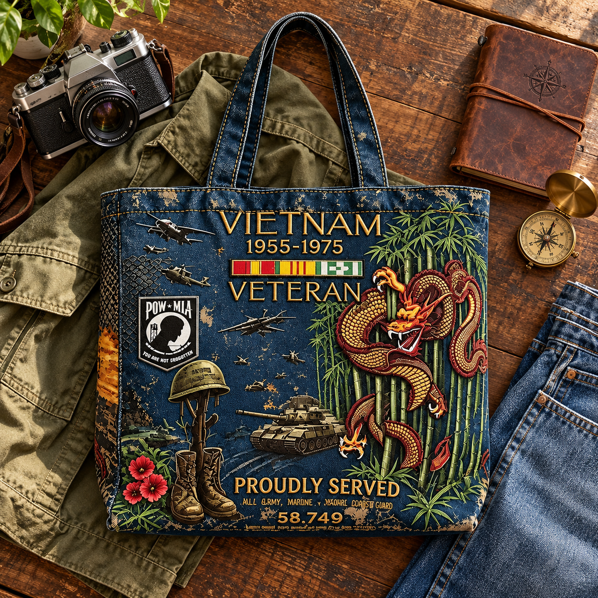 🌹Vietnam Veteran Canvas Tote Bag – Embroidered Tribute Gift