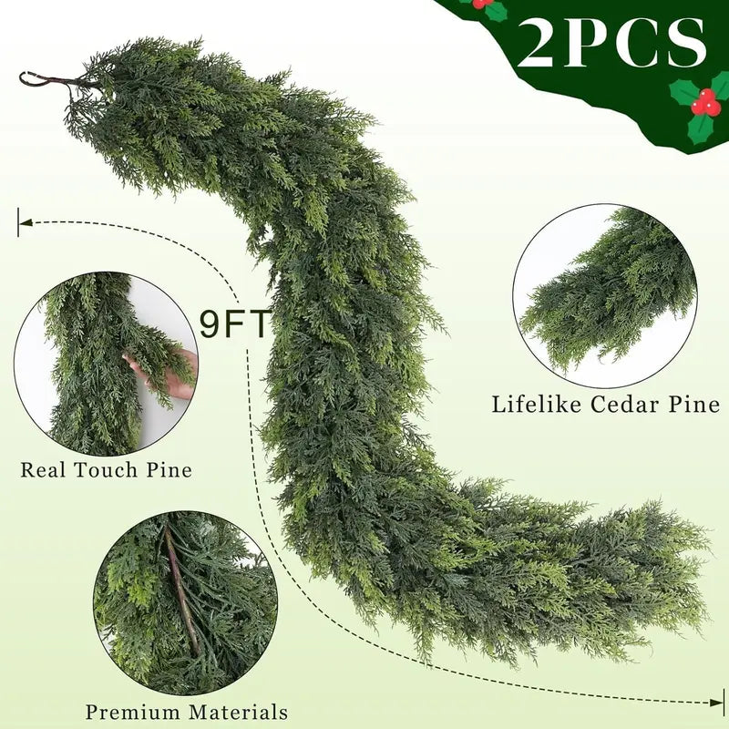 6 FT 2 Pcs Artificial Cedar Garlands, Real Touch Winter Cedar Garland, Green Artificial Greenery Pine Garland for Table, Mantle, Wall, Indoor, Outdoor Christmas Decorations (2, 6 FT)