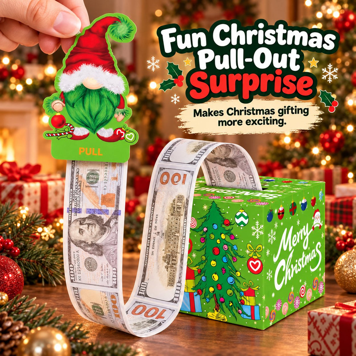 💵🎄 Christmas Money Pull Surprise Box 50 Fillable Pockets for Cash, Treats, Notes & More 🎁