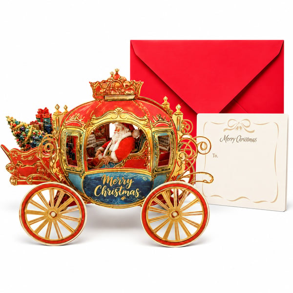 🎄3D Pop Up Christmas Carriage Greeting Card 🎠 Freestanding Gold Foil Festive Keepsake Ornament with Envelope
