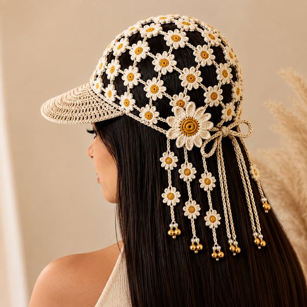 🌻 Gorro de ganchillo hecho a mano con girasoles | Diseño bohemio transpirable de punto abierto con flores dimensionales, borlas florales y lazo trasero ajustable 👒