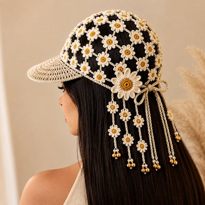 🌻 Gorro de ganchillo hecho a mano con girasoles | Diseño bohemio transpirable de punto abierto con flores dimensionales, borlas florales y lazo trasero ajustable 👒