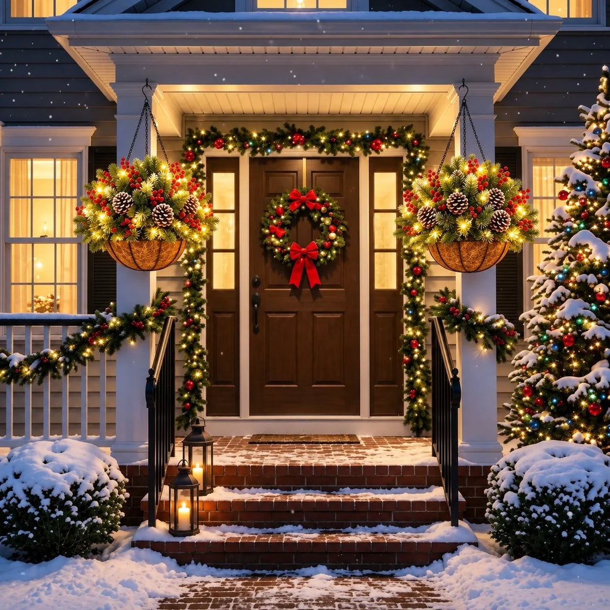 🎄Christmas Hot Sale🔥 Pre-Lit Christmas Hanging Basket | Warm LED Evergreen Décor for Porches, Doors & Entryways ✨