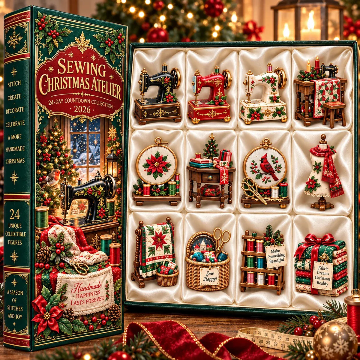 🎄 2026 Sewing Advent Calendar – 24 Days of Mini Sewing Treasures in a Vintage Book Display Box