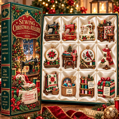 🎄 2026 Sewing Advent Calendar – 24 Days of Mini Sewing Treasures in a Vintage Book Display Box