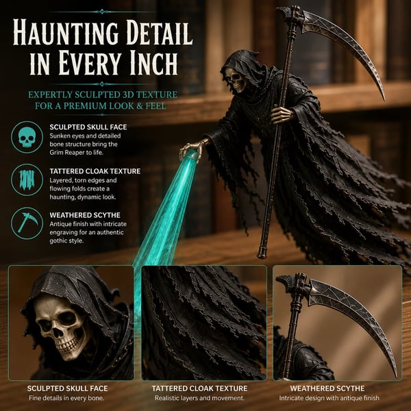 💀 Luz de estantería de Halloween "Soul Harvester" | Decoración de Parca Flotante con Haz de Alma Brillante para Estanterías, Rincones de Lectura y Exhibiciones Góticas 🎃