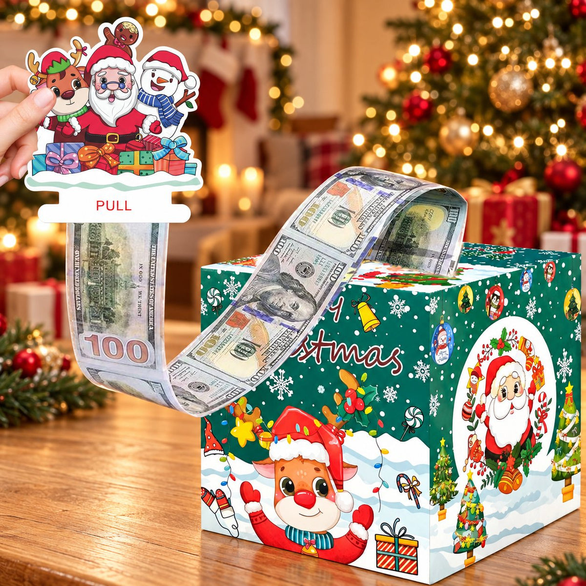 💵🎄 Christmas Money Pull Surprise Box 50 Fillable Pockets for Cash, Treats, Notes & More 🎁
