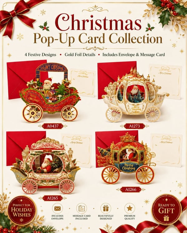 🎄3D Pop Up Christmas Carriage Greeting Card 🎠 Freestanding Gold Foil Festive Keepsake Ornament with Envelope
