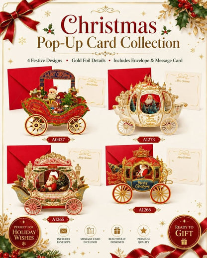 🎄3D Pop Up Christmas Carriage Greeting Card 🎠 Freestanding Gold Foil Festive Keepsake Ornament with Envelope