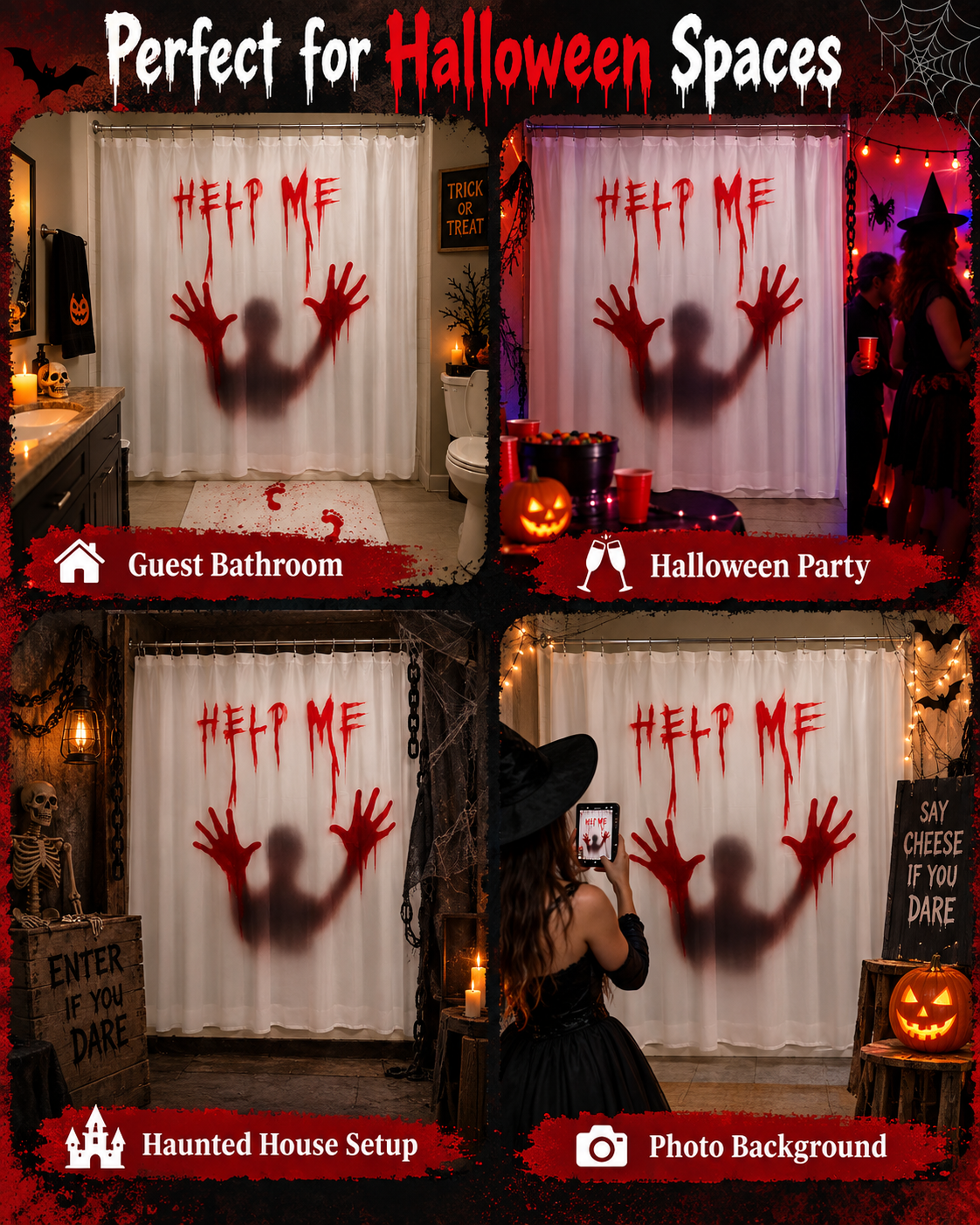 Bloody “HELP ME” Horror Shower Curtain