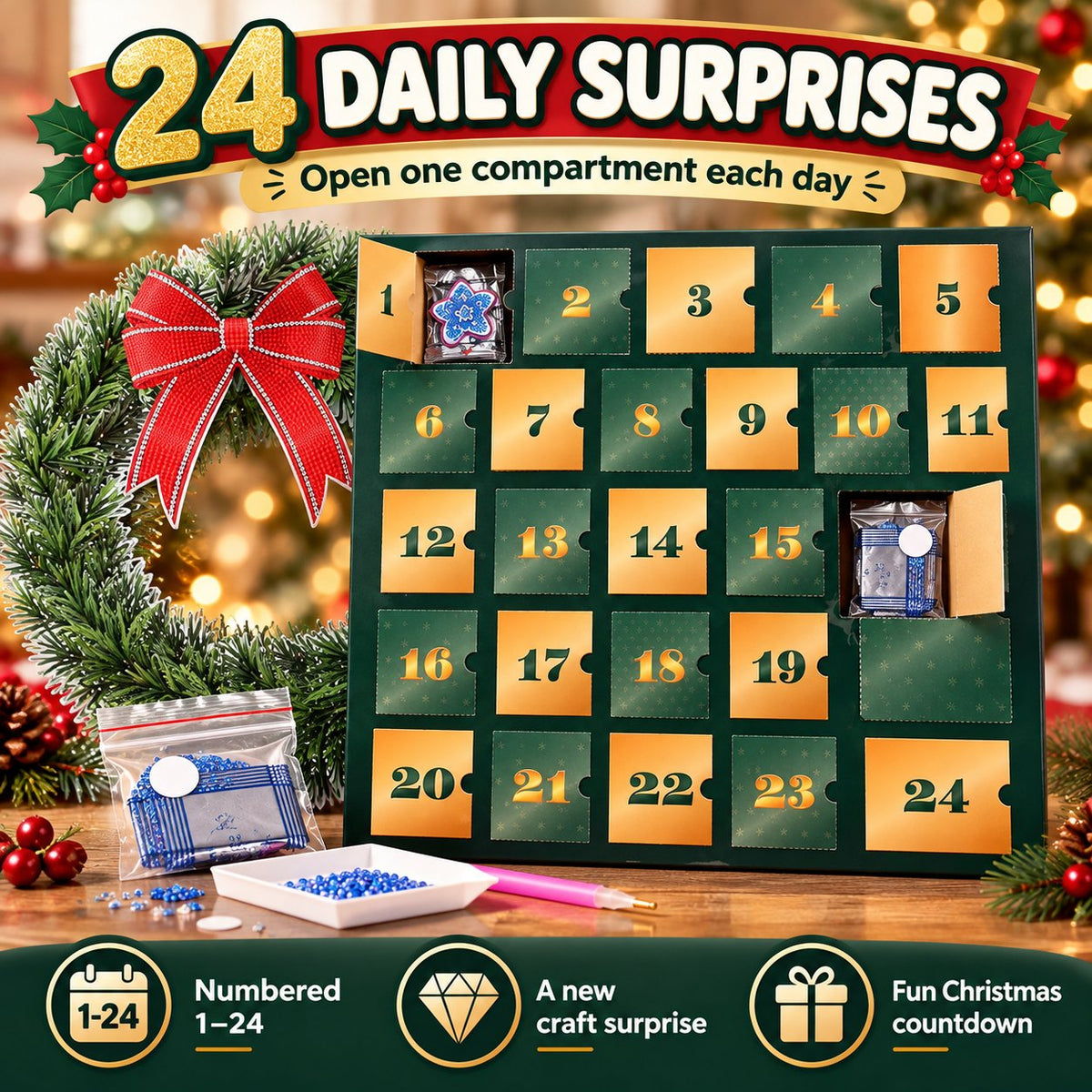 💎🎄 Beginner-Friendly 24-Day Diamond Art Wreath Advent Calendar – Craft Your Christmas Countdown
