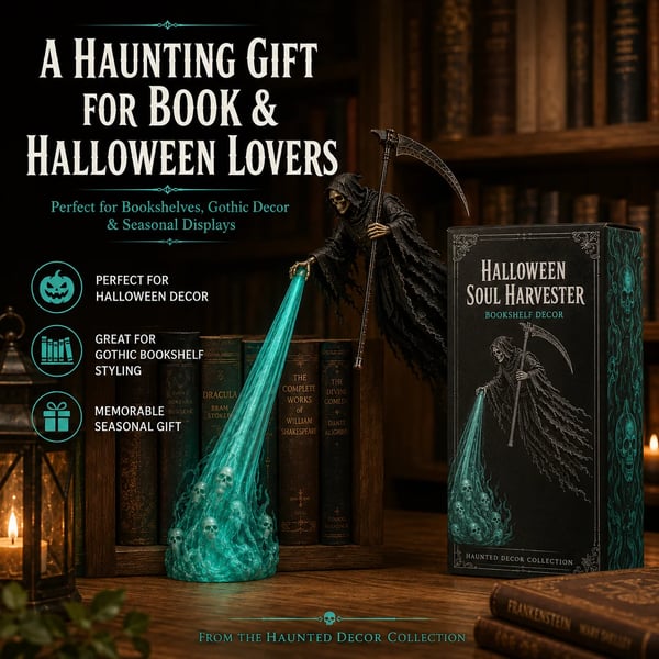 💀 Luz de estantería de Halloween "Soul Harvester" | Decoración de Parca Flotante con Haz de Alma Brillante para Estanterías, Rincones de Lectura y Exhibiciones Góticas 🎃