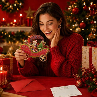 🎄3D Pop Up Christmas Carriage Greeting Card 🎠 Freestanding Gold Foil Festive Keepsake Ornament with Envelope