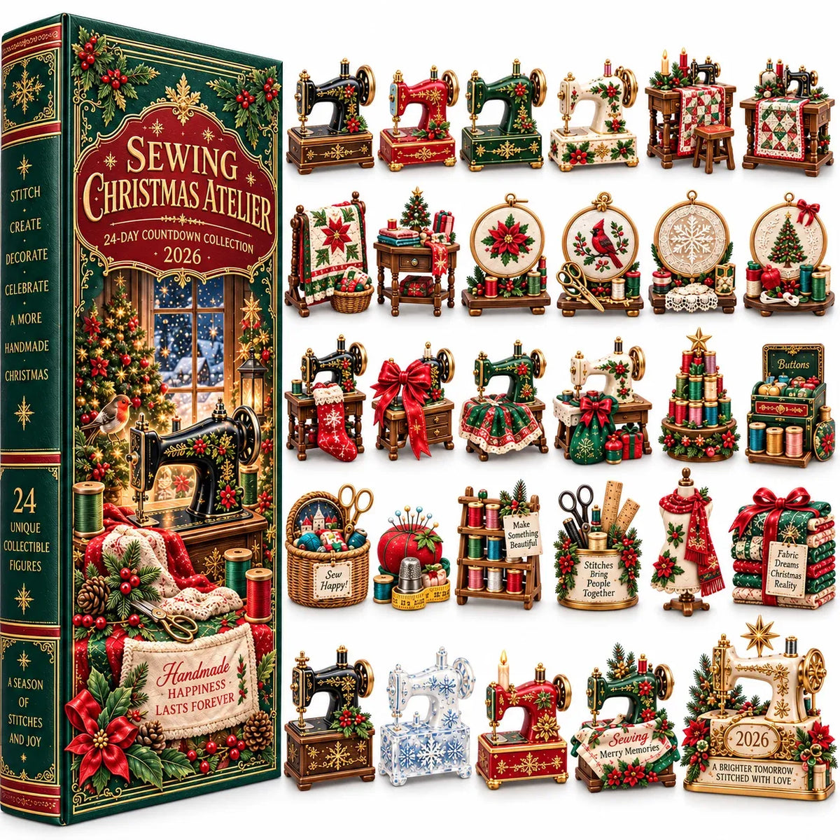 🎄 2026 Sewing Advent Calendar – 24 Days of Mini Sewing Treasures in a Vintage Book Display Box