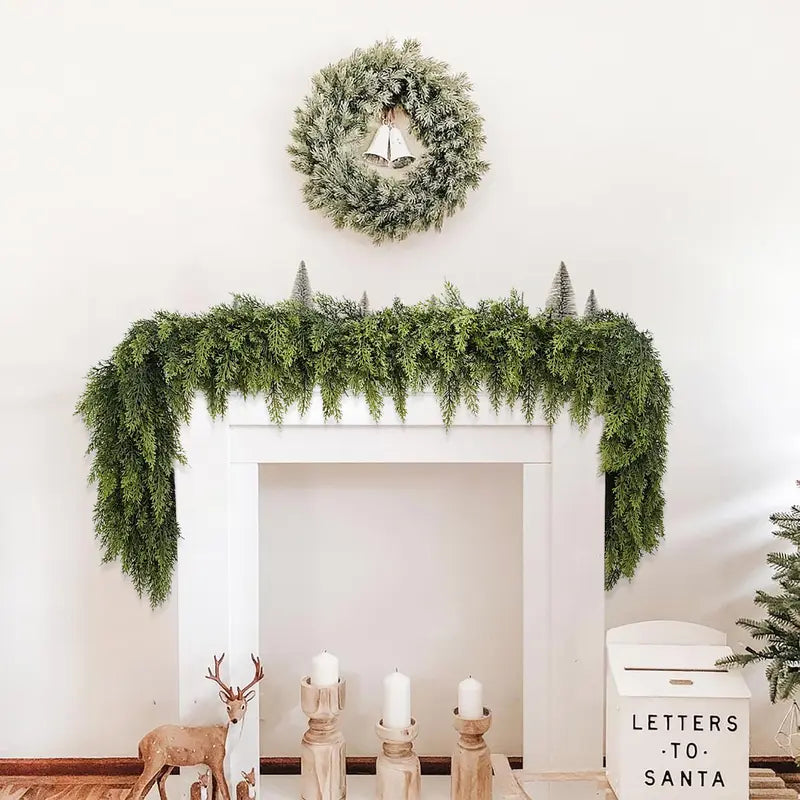 6 FT 2 Pcs Artificial Cedar Garlands, Real Touch Winter Cedar Garland, Green Artificial Greenery Pine Garland for Table, Mantle, Wall, Indoor, Outdoor Christmas Decorations (2, 6 FT)
