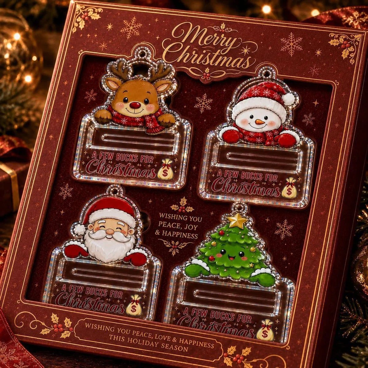 🎄 Adorno Soporte de Dinero Navideño Transparente | Acrílico Transparente Premium con Detalles Festivos de Personajes, Ranura Oculta para Dinero en Efectivo y Cuerda para Colgar Incluida 💵✨