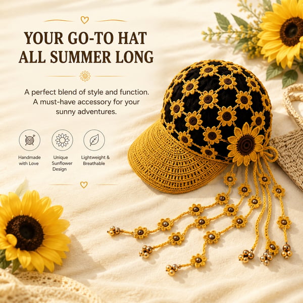 🌻 Gorro de ganchillo hecho a mano con girasoles | Diseño bohemio transpirable de punto abierto con flores dimensionales, borlas florales y lazo trasero ajustable 👒