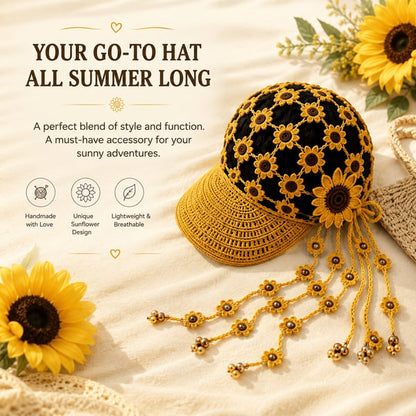 🌻 Gorro de ganchillo hecho a mano con girasoles | Diseño bohemio transpirable de punto abierto con flores dimensionales, borlas florales y lazo trasero ajustable 👒