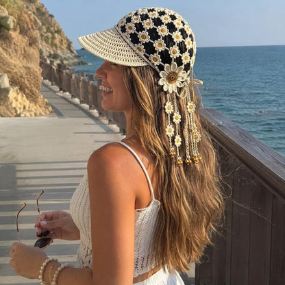 🌻 Gorro de ganchillo hecho a mano con girasoles | Diseño bohemio transpirable de punto abierto con flores dimensionales, borlas florales y lazo trasero ajustable 👒