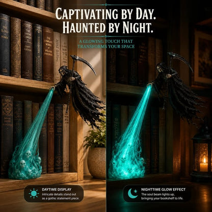 💀 Luz de estantería de Halloween "Soul Harvester" | Decoración de Parca Flotante con Haz de Alma Brillante para Estanterías, Rincones de Lectura y Exhibiciones Góticas 🎃