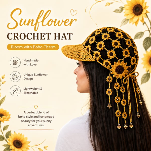🌻 Gorro de ganchillo hecho a mano con girasoles | Diseño bohemio transpirable de punto abierto con flores dimensionales, borlas florales y lazo trasero ajustable 👒
