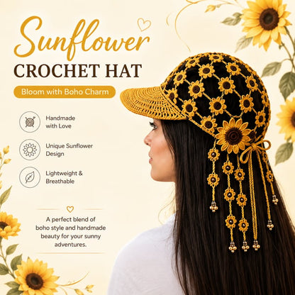 🌻 Gorro de ganchillo hecho a mano con girasoles | Diseño bohemio transpirable de punto abierto con flores dimensionales, borlas florales y lazo trasero ajustable 👒
