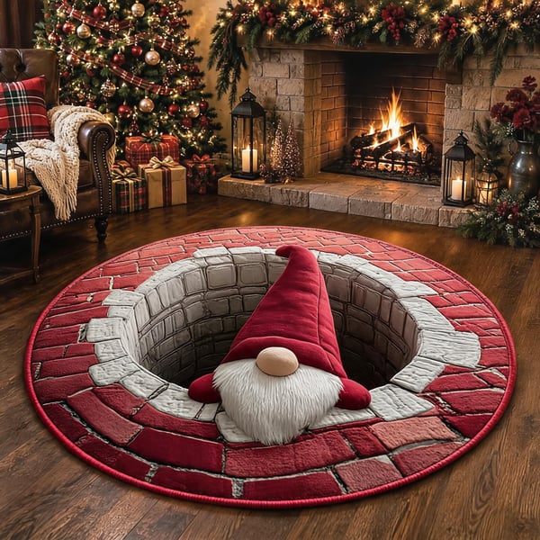 🎄 Alfombra redonda con ilusión óptica 3D de gnomo navideño | Divertido y festivo, ¡un imprescindible para la decoración del hogar! ⭐🏠🎁
