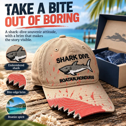 🦈 Shark Bite Baseball Cap | Embroidered Shark • Bite-Shaped Frayed Brim