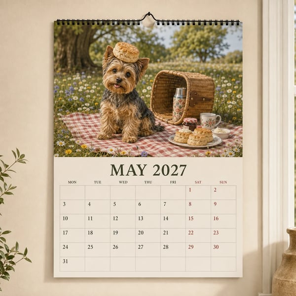 Calendario de pared divertido de Yorkshire Terrier de 2027 | Calendario colgante A4