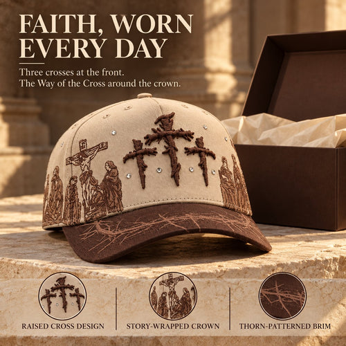 ✝️ Viacrucis Faith-Inspired Cap | Raised Crosses • Way of the Cross Artwork
