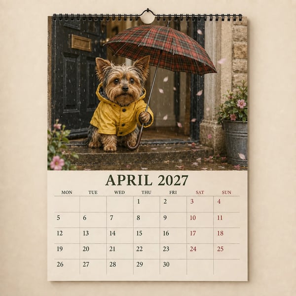 Calendario de pared divertido de Yorkshire Terrier de 2027 | Calendario colgante A4