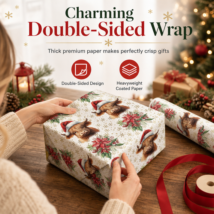 Christmas Highland Cow and Floral Gift Wrapping Paper Roll 17*200in（43x500cm） Holiday Present Wrap