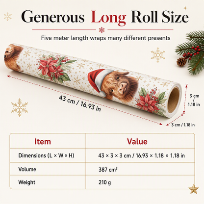 Christmas Highland Cow and Floral Gift Wrapping Paper Roll 17*200in（43x500cm） Holiday Present Wrap