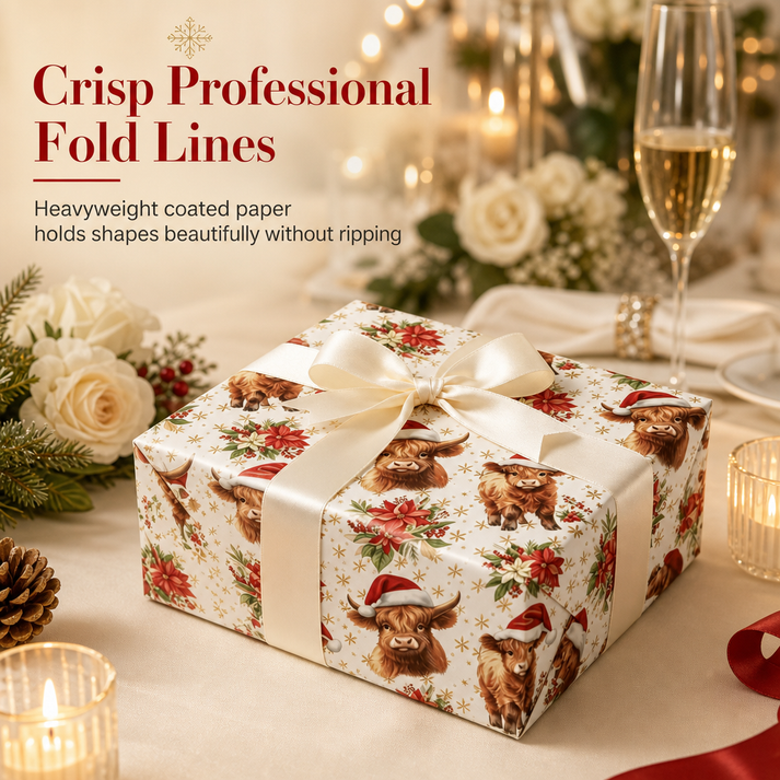 Christmas Highland Cow and Floral Gift Wrapping Paper Roll 17*200in（43x500cm） Holiday Present Wrap