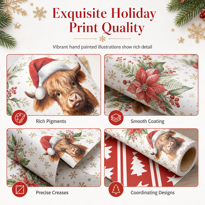 Christmas Highland Cow and Floral Gift Wrapping Paper Roll 17*200in（43x500cm） Holiday Present Wrap