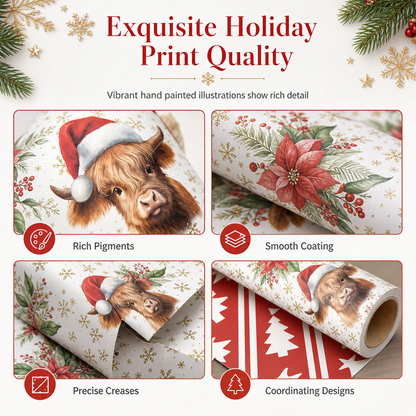 Christmas Highland Cow and Floral Gift Wrapping Paper Roll 17*200in（43x500cm） Holiday Present Wrap
