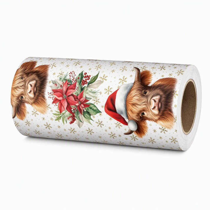 Christmas Highland Cow and Floral Gift Wrapping Paper Roll 17*200in（43x500cm） Holiday Present Wrap