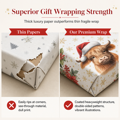 Christmas Highland Cow and Floral Gift Wrapping Paper Roll 17*200in（43x500cm） Holiday Present Wrap